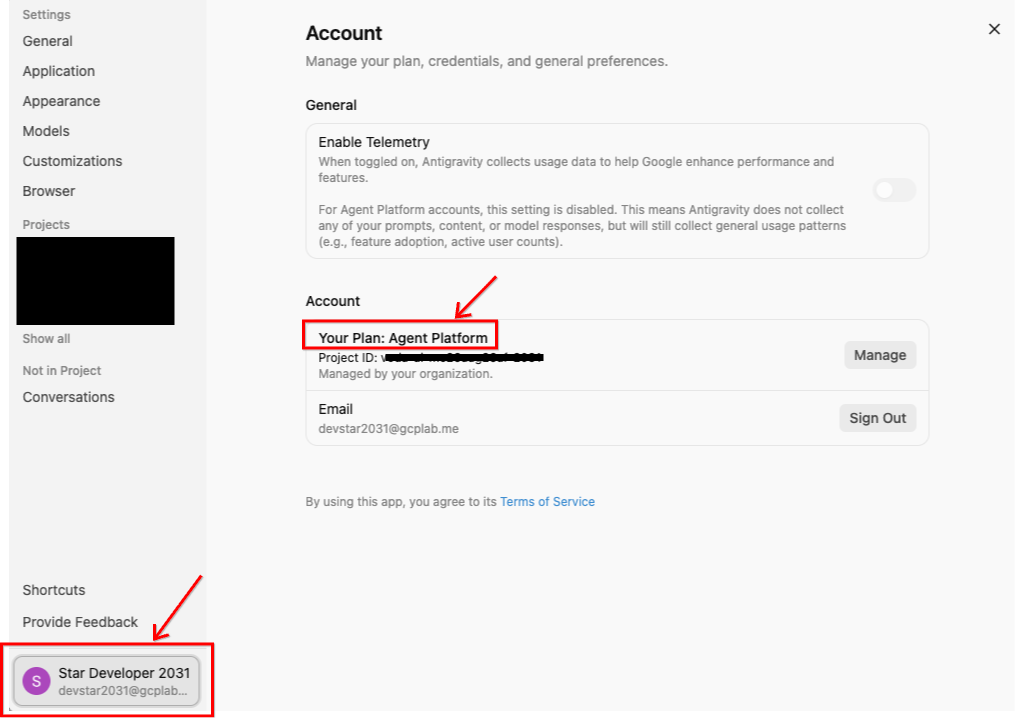 Antigravity Account settings confirming Your Plan: Agent Platform