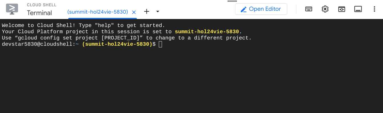 Cloud Shell terminal with Open Editor button in the toolbar