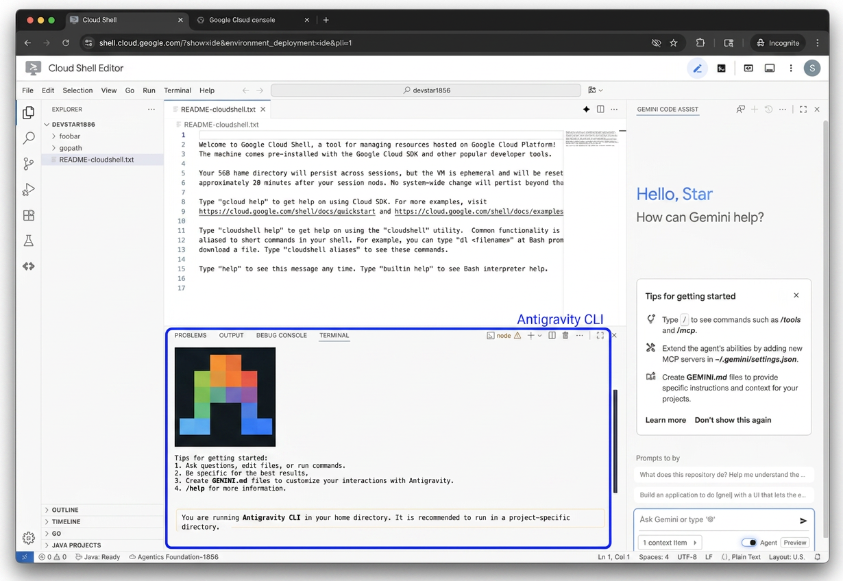 Cloud Shell Editor with Antigravity CLI running in the integrated terminal