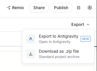 Google AI Studio Export dropdown showing Export to Antigravity