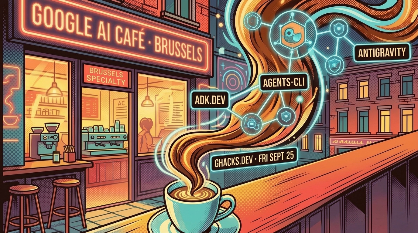 Google AI Café Brussels 16:9 widescreen comic art showing neon café sign, Brussels Specialty window, turquoise coffee cup with glowing ADK.DEV, AGENTS-CLI, ANTIGRAVITY, and GHACKS.DEV FRI SEPT 25 steam nodes